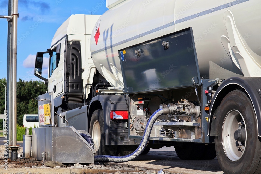 Fototapeta premium Detailed Close-Up of Diesel Fuel Tanker Truck Unloading Operation.