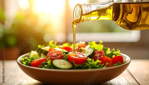 Fresh salad being dressed with olive oil