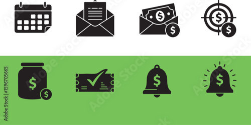 Black finance and business icons on white and green background