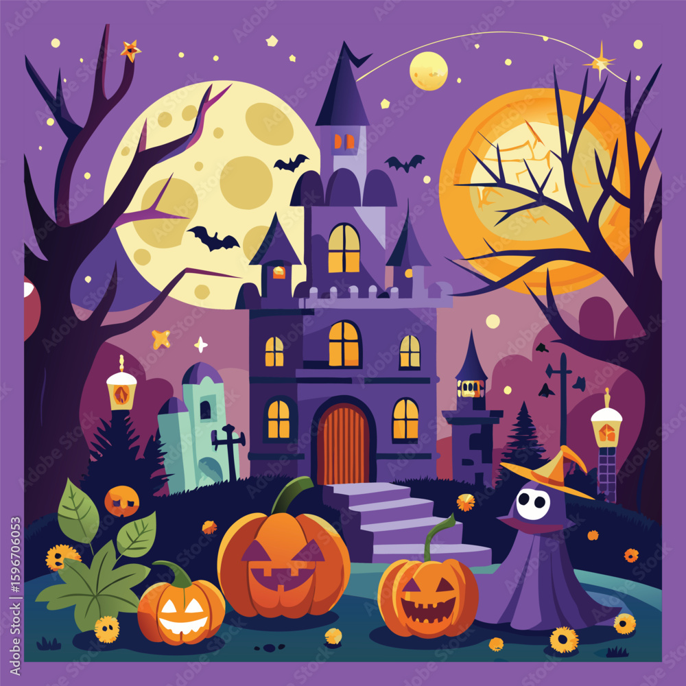 Fototapeta premium Spooky Halloween night with haunted house, castle, and pumpkins under a full moon, featuring scary trees and flying bats vector illustration