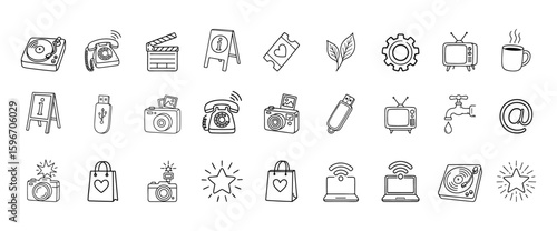 Set of  camera shopping bag star wifi tv coffee cup water tape pen drive leaf land phone gear music disk  light vector illustration