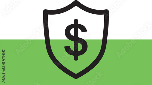 Black dollar sign inside shield icon on green and white background
