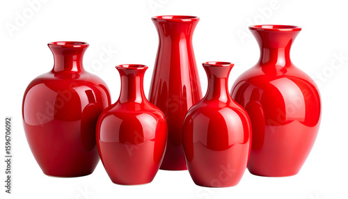  “Set of Five Elegant Red Ceramic Vases in Varied Heights, Isolated on Transparent Background”.