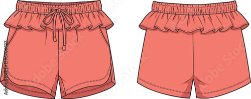 Flat CAD vector illustration of women’s ruffle waistband drawstring shorts with pockets – front and back views