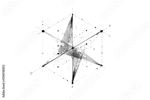 Complex geometric shape with lines and dots creating an abstract three dimensional structure in black and white
