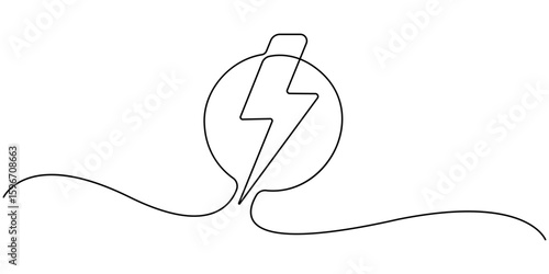 Lightning Bolt Continuous Line Art Illustration, Flash Illustration, continuous line electric icon. Single electric vector. Electric energy icon drawn one vector .Isolated white background. EPS 10 . 