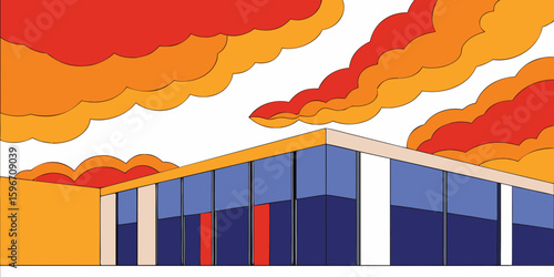 Modern architecture building design with sky clouds and artistic illustration style vector background design