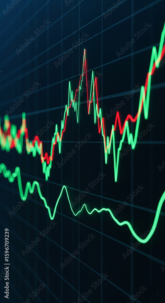 Naklejka premium Financial Market Analysis Interpreting Green and Red Trends on the Stock Exchange Chart