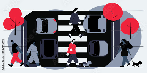 Pedestrian crossing street with people walking and cars driving in urban city with trees and dog scene art 100