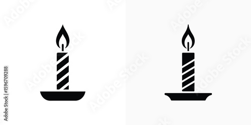 Lit Candle Silhouette on Holder Isolated on White Icon Set, Two Black Candles