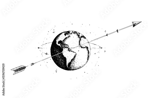 An arrow pierces through a monochrome earth globe surrounded by cosmic dust and orbital lines art