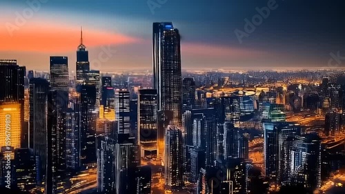 Spectacular cityscape view at dusk with illuminated buildings creating an ambiance