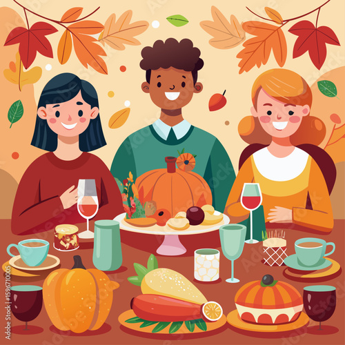 Diverse friends and family enjoying a festive thanksgiving dinner with pumpkin and autumn harvest food