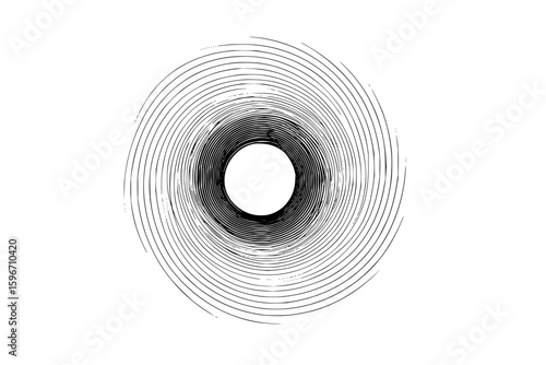 Concentric circles forming a spiral pattern with a central void in a black and white illustration