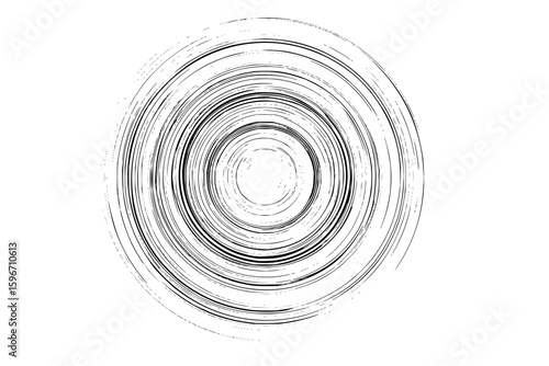 Concentric circles in black and white with a rough textured appearance creating a dynamic visual effect