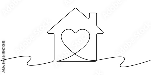 Heart inside house continuous one line drawn. Love home concept. Vector illustration isolated on white, Home Sweet Home Continuous Line Icon, Homeless Shelter, Sweet Home continuous line drawing. 
