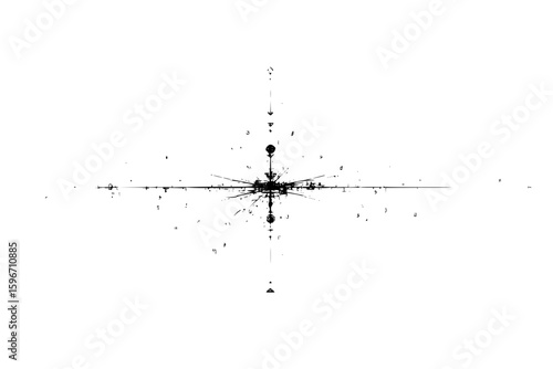 Abstract black and white design featuring a central geometric pattern with radiating lines and shapes