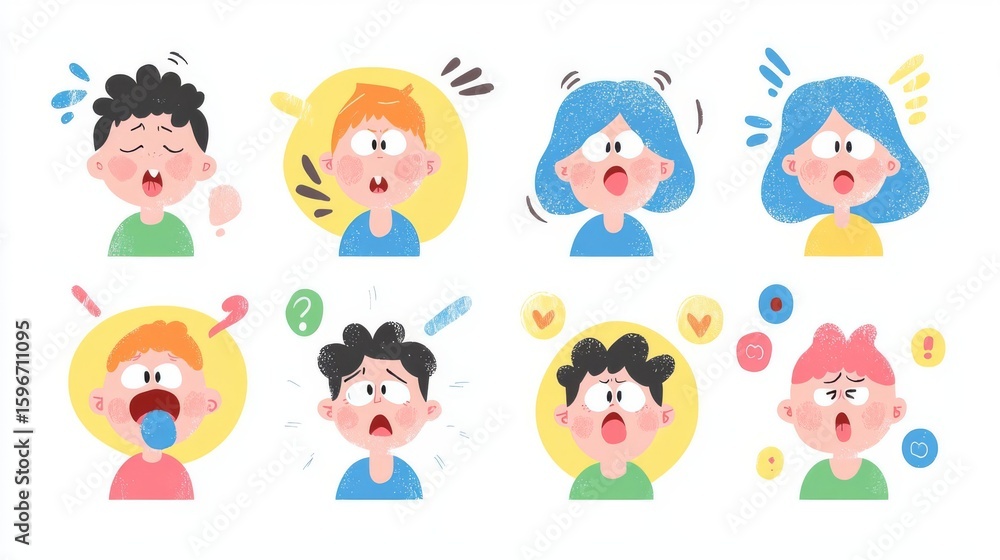 A collection of expressive cartoon characters depicting various emotions and reactions in vibrant colors. A collection of expressive cartoon characters depicting various emotions and reactions in vibrant colors.