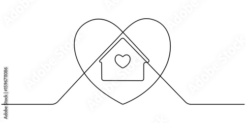Heart inside house continuous one line drawn. Love home concept. Vector illustration isolated on white, Home Sweet Home Continuous Line Icon, Homeless Shelter, Sweet Home continuous line drawing. 