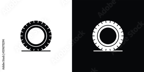 Tire Silhouette with Tread Detail, Black and White Icon, Rubber Wheel Vehicle Part