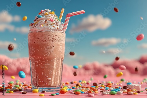 Overflowing Milkshake Glass with Whipped Cream and Colorful Sprinkles Against a Blue Sky