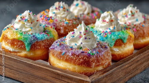 Colorful Mini Donuts Topped with Whipped Cream and Rainbow Sprinkles on a Wooden Tray