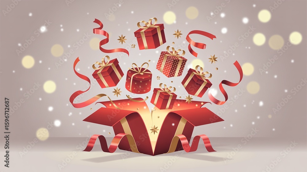 Fototapeta premium Boxing day, Christmas, Shopping Festive Gift Boxes Exploding from a Red Gift Box