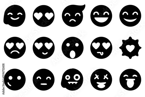 A fun and expressive set of silhouette icons capturing universal facial emotions and reactions. Perfect for messaging apps, social media posts, website UI, and digital stickers