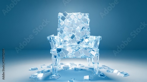 A stunning crystal chair made of ice cubes, showcasing unique design and artistic creativity in a modern setting.
