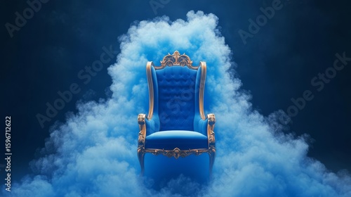 A majestic blue throne surrounded by swirling blue smoke, symbolizing power, luxury, and tranquility.
