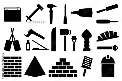 A practical and versatile set of silhouettes representing common construction materials and hand tools. Perfect for hardware store branding, DIY tutorials, real estate templates, and contractor presen