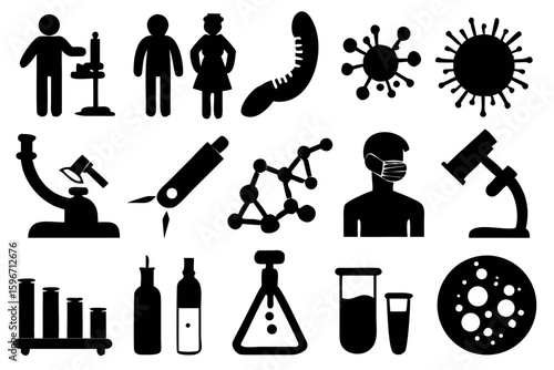 A modern set of lab-focused silhouettes illustrating diagnostics, testing, and research activities. Ideal for biotech branding, health education visuals, laboratory posters, and research apps