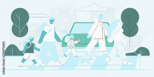 Family safety crossing street pedestrian safety awareness road safety with car and people walking scene vector