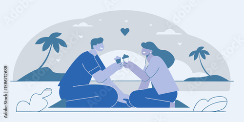Couple beach love summer vacation romantic date happy together palm trees sunset holiday travel romance trip 100