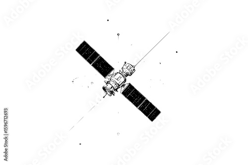 Illustration of a satellite with solar panels and antenna against a white background in space