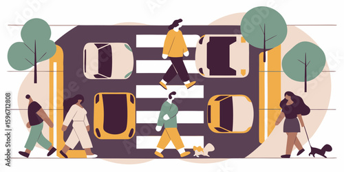 Pedestrians walking on crosswalk with cars and trees in city street scene illustration vector design art 100