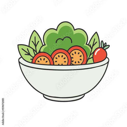 Healthy fresh vegetable salad with tomatoes, cucumber, and greens ,outline vector, isolated on white for food designs.