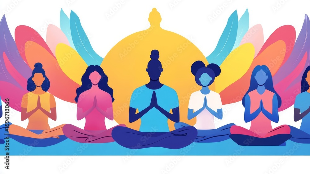 Fototapeta premium Diverse individuals practicing meditation together, creating a vibrant atmosphere of peace and tranquility.