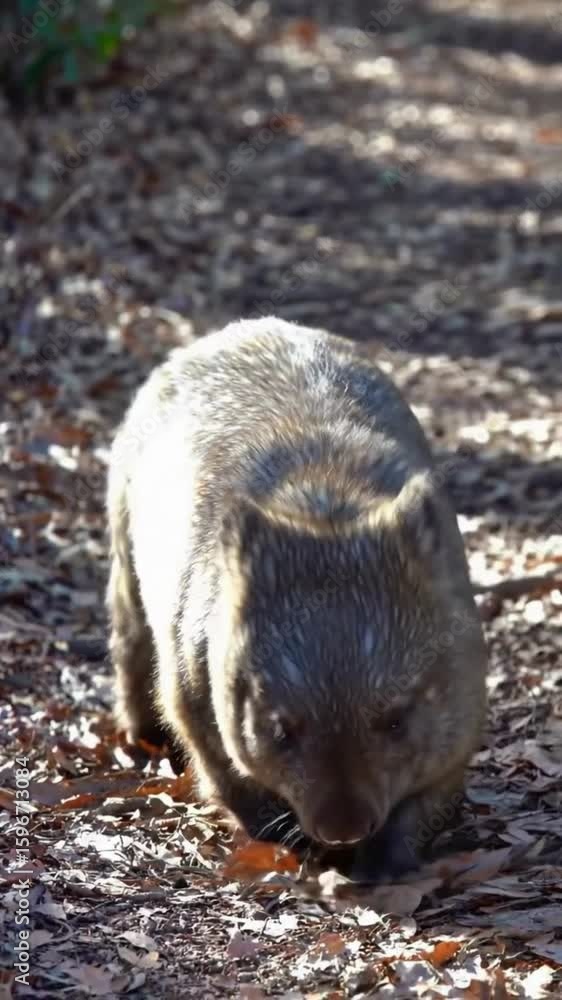Wombat Foraging in Sunlight on Forest Floor with Autumnal Leaves Wombat Foraging in Sunlight on Forest Floor with Autumnal Leaves