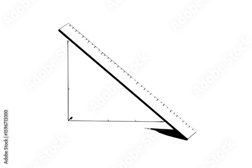 Illustration of a right angle ruler with markings and shadow on a white background in black and white
