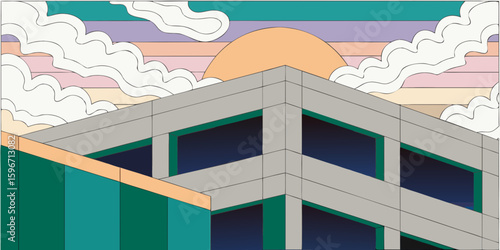 Building cityscape architecture urban design with clouds and sunset skyline modern construction art design graphic