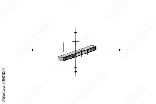 Isometric view of a rectangular prism centered on a coordinate system with arrowed axes and tick marks