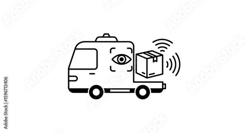 Black and white icon of a delivery van with surveillance technology and wifi package