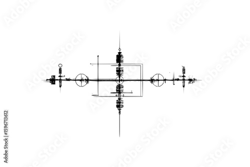 Abstract symmetrical line drawing featuring circles, rectangles, and linear extensions on white background