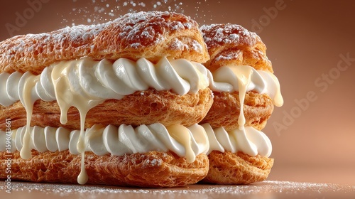 Delicious Eclairs with Cream Filling Dripping Out Freshly Baked Pastry Dessert Treat