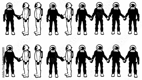 Multiple astronauts in black and white shaking hands in a repeating pattern across the image plane view