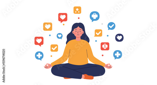 Mindful meditation with technology and healthcare icons in flat style