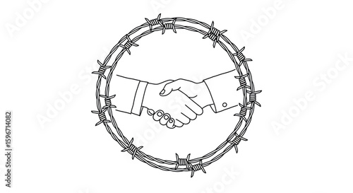 Barbed wire peace: handshake symbolizing unity amidst conflict in minimal line art