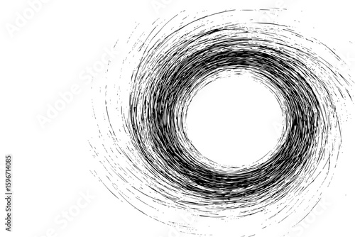 Black and white abstract circular brush stroke design with a central open space on a white background
