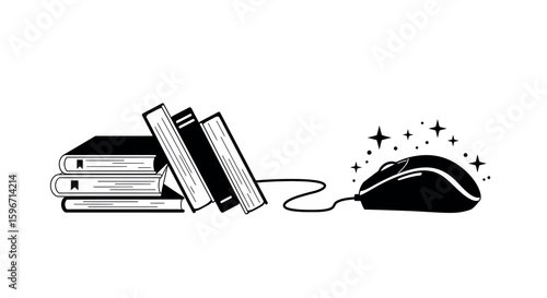 Black and white connection: books and mouse in harmony for digital learning and knowledge